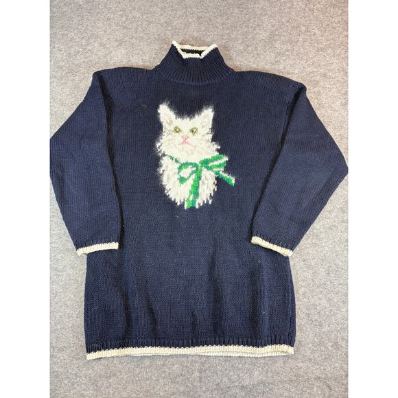 VINTAGE 90s The Eagles Eye Cat Sweater Mens Medium Blue Novelty Kitten Cozy Knit - Picture 1 of 6